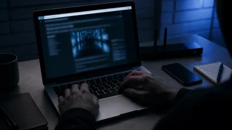 A person exploring .onion sites on a laptop in a modern workspace.