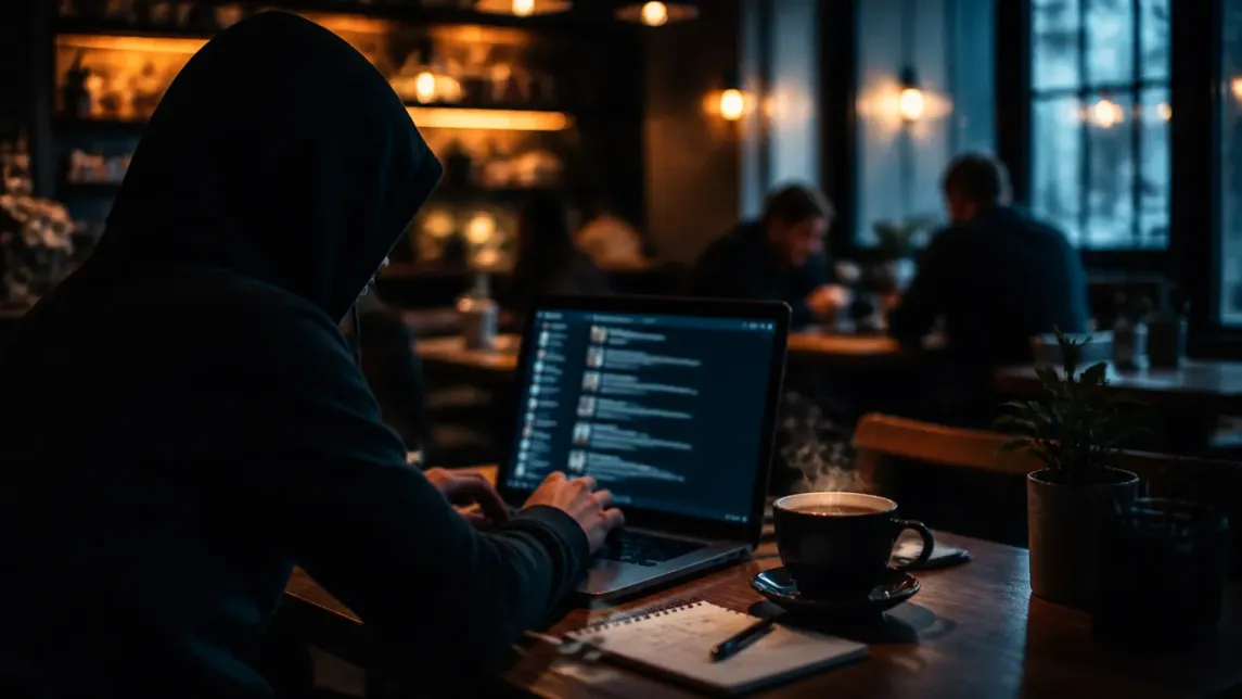 A user explores Tor search engines in a warm cafe setting, enhancing privacy.