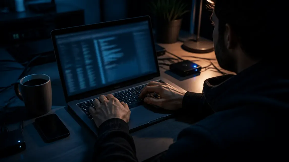 A user is analyzing network traffic on a laptop in a dimly lit room.