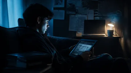 A user exploring the Hidden Wiki on a tablet in a cozy environment.