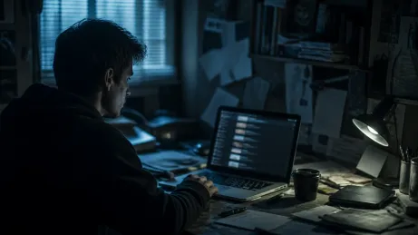 A focused user explores a dark web directory on their laptop in a dimly lit room.