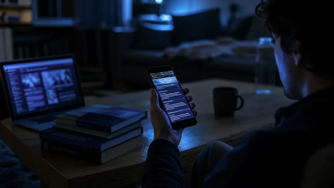 A person exploring the Hidden Wiki on a smartphone in a dimly lit room.