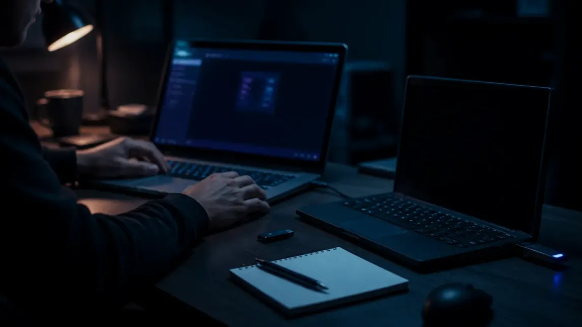 A user securely downloads onion files in a dimly lit room.