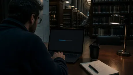 A user in a library downloading the Tor Browser on their laptop.