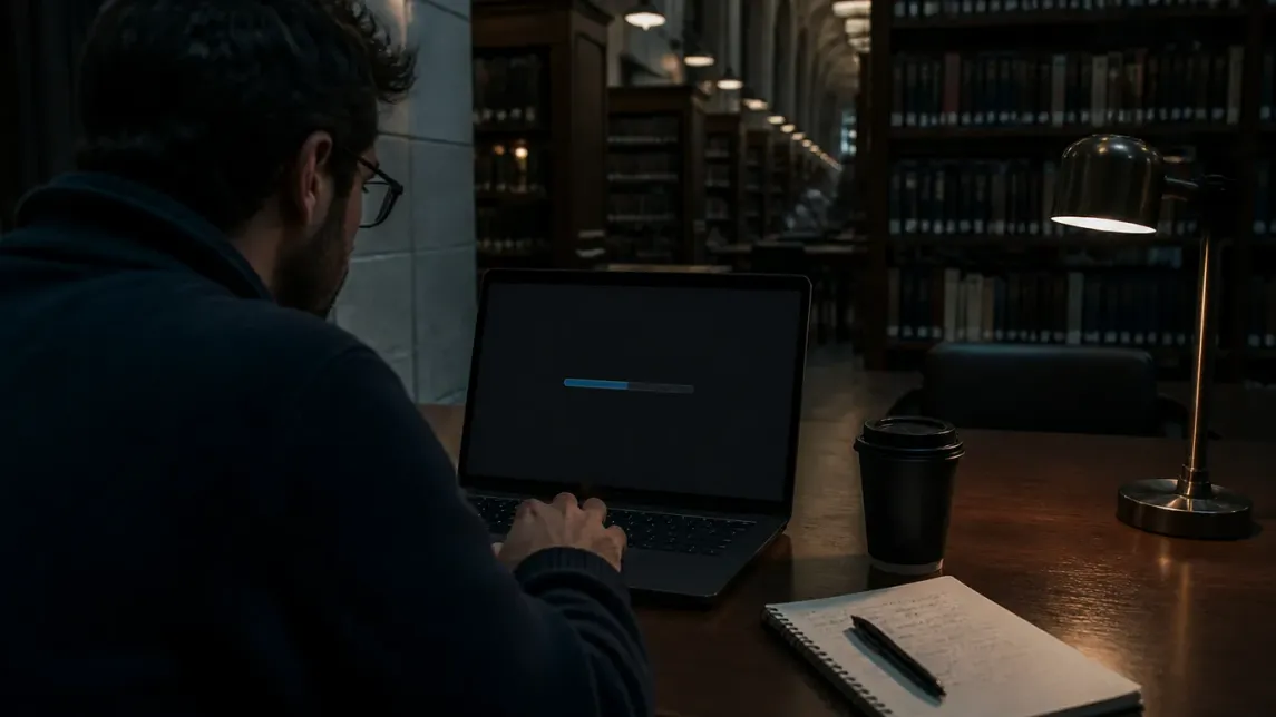 A user in a library downloading the Tor Browser on their laptop.