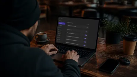 A user adjusting Tor Browser settings in a warm coffee shop atmosphere.