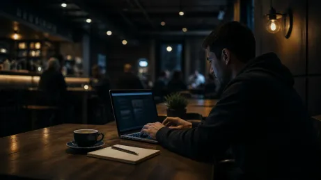 A user engaged in secure browsing at a cafe, exploring .onion websites.