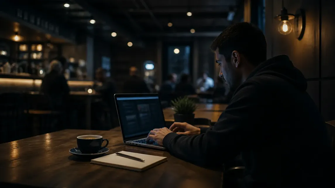 A user engaged in secure browsing at a cafe, exploring .onion websites.