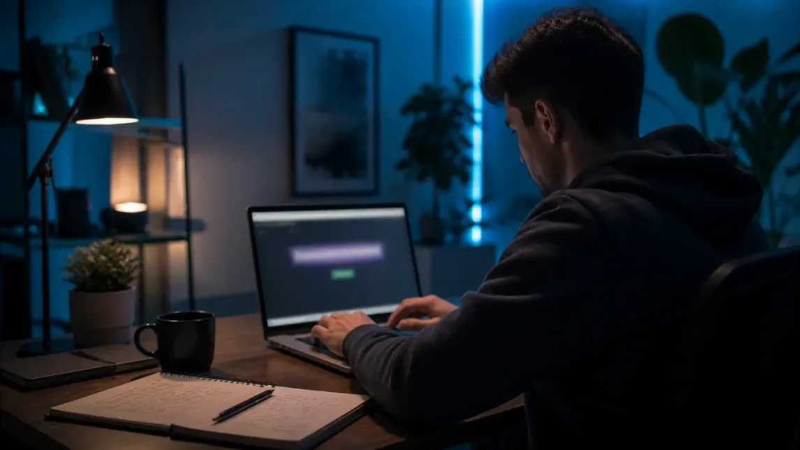 A user is downloading the Tor Browser in a contemporary home office setting.