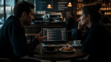 A user sharing insights about Tor Browser with a friend in a café setting.