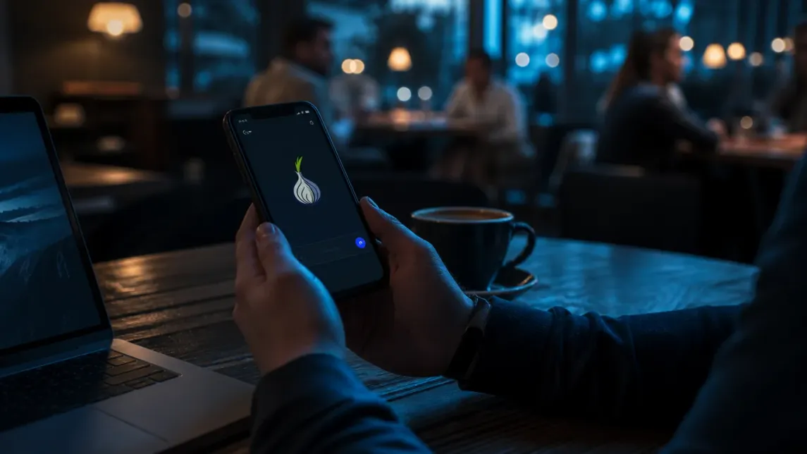 A user in a café using Onion Browser on an iPhone for secure browsing.