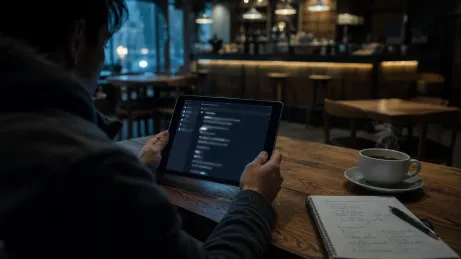 A user navigates onion sites on a tablet while enjoying coffee in a café.