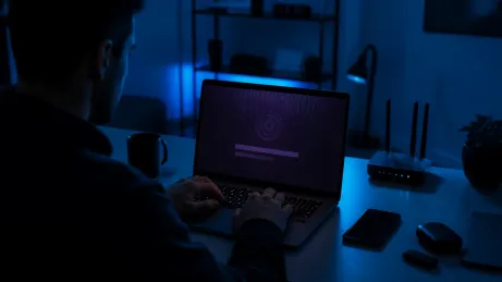 A user engaged in navigating a Tor search engine in a dimly lit office.
