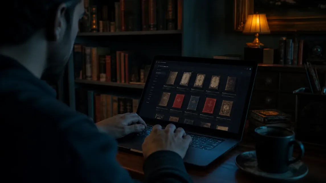A person browsing rare books on a dark web marketplace in a cozy room.