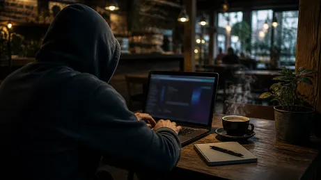 A user engages with .onion sites in a warm café setting.