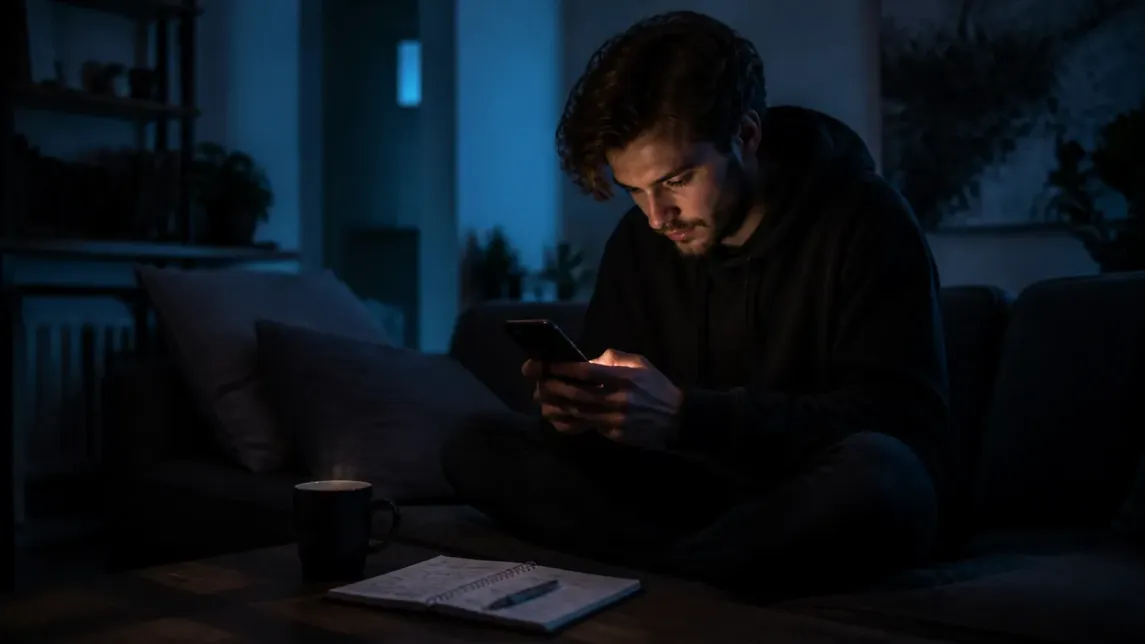 A user examines Hidden Wiki links on a smartphone in a cozy living room.