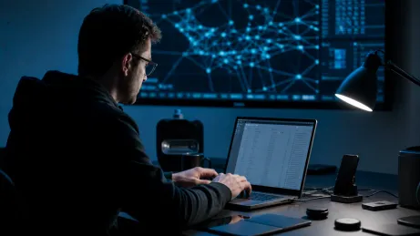 An engineer analyzes Tor exit nodes on a laptop in a tech workspace.