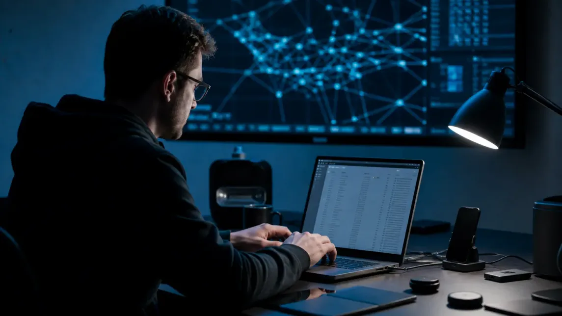 An engineer analyzes Tor exit nodes on a laptop in a tech workspace.